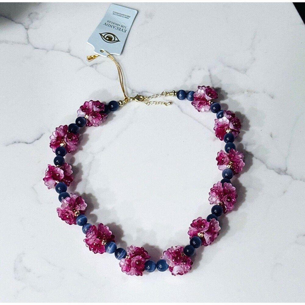 Eyecandy LA Necklace Statement Floral Beaded Purple Flower Cluster Gold Tone NEW - Picture 6 of 10